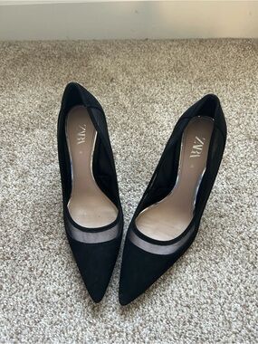 ZARA Black Pointed-Toe Heels with Sheer Mesh Trim